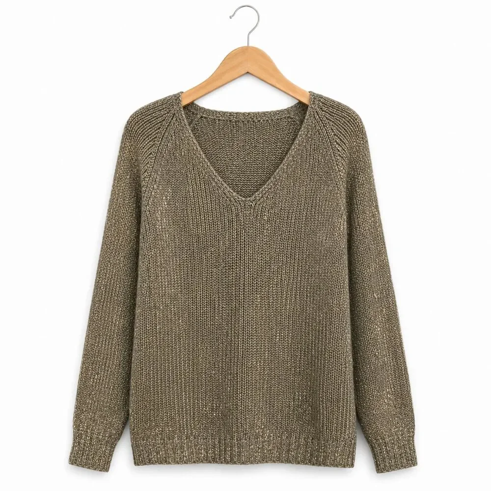 Metallic Olive Green V Neck Sweater Soft Grunge Shimmer Knit Brave Soul Indie M